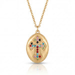 Gold necklace with a colorful cross pendant on a white background