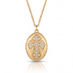 Gold necklace with a cross pendant on a white background