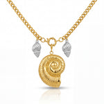 Gold necklace with a shell pendant and silver accents on a white background