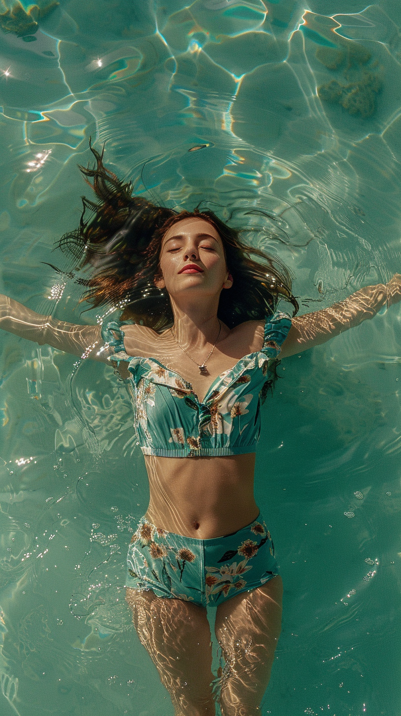 Woman floating freely in clear water, arms open, wearing celestial-style swimwear. A visual embodiment of freedom, water energy, and inner glow.