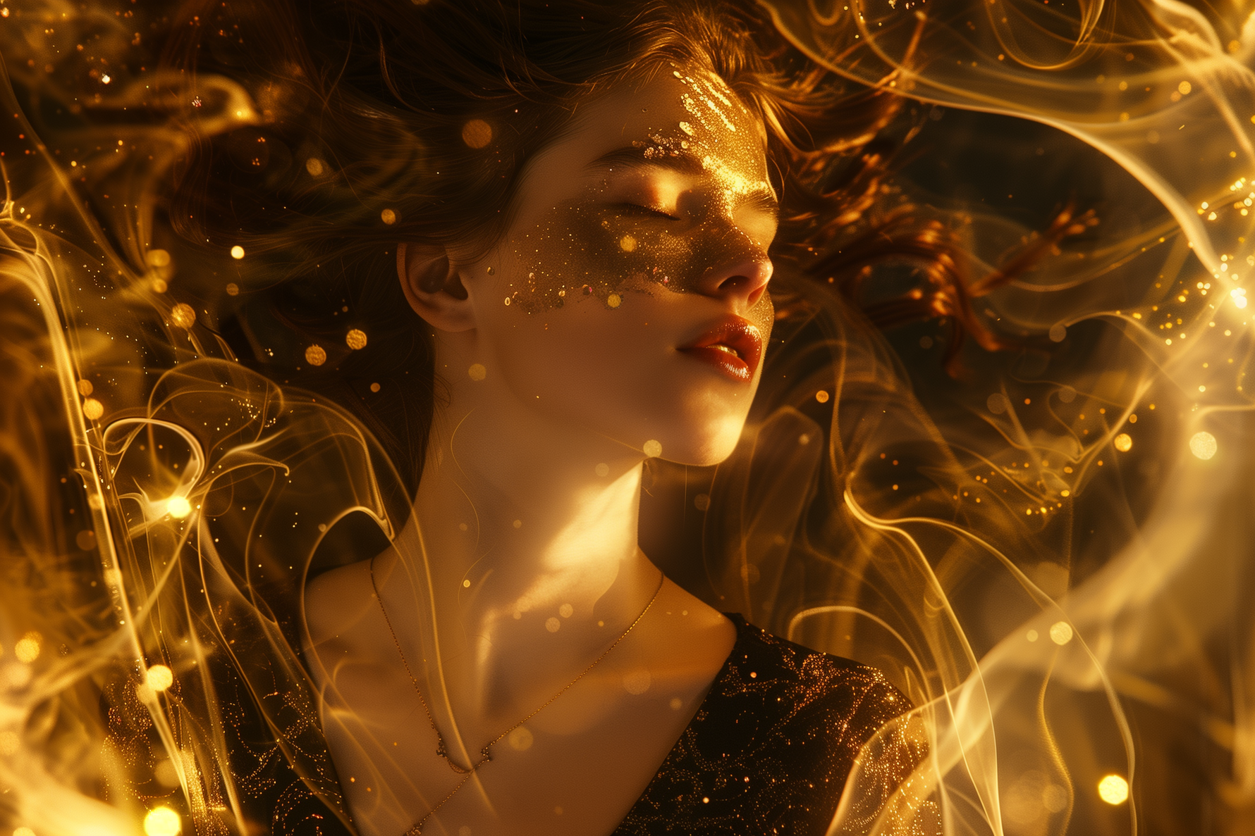 A dreamy woman floating in shimmering light, surrounded by swirling energy — a visual metaphor for personal expression through elemental jewelry.