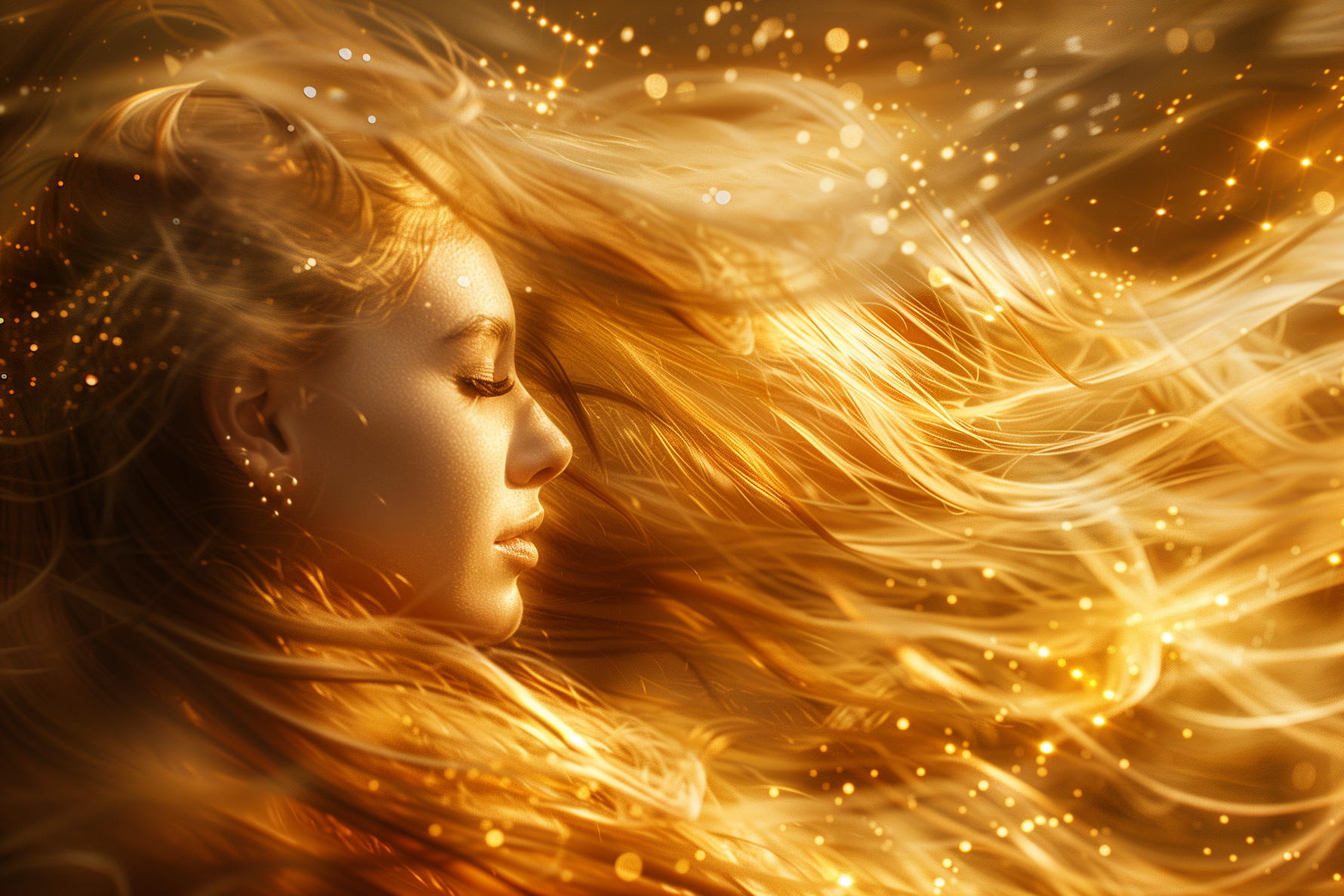 Golden-haired woman surrounded by glowing wind and light, symbolizing energy and personal transformation. Inspired by Avyrona's Celestial Collection.