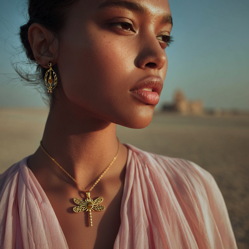 Woman wearing a gold dragonfly pendant under warm natural light — symbol of Avyrona’s Earth Collection, grounding energy and connection to nature.