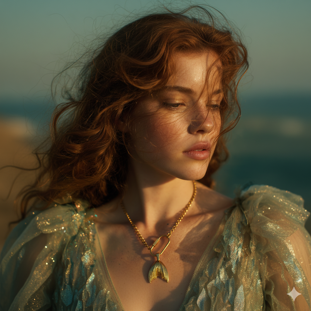 Symbolic image for the Water Element — a woman in a flowing white dress beside a giant seashell under a soft blue sky, representing calm, depth, and Avyrona’s Water Collection.