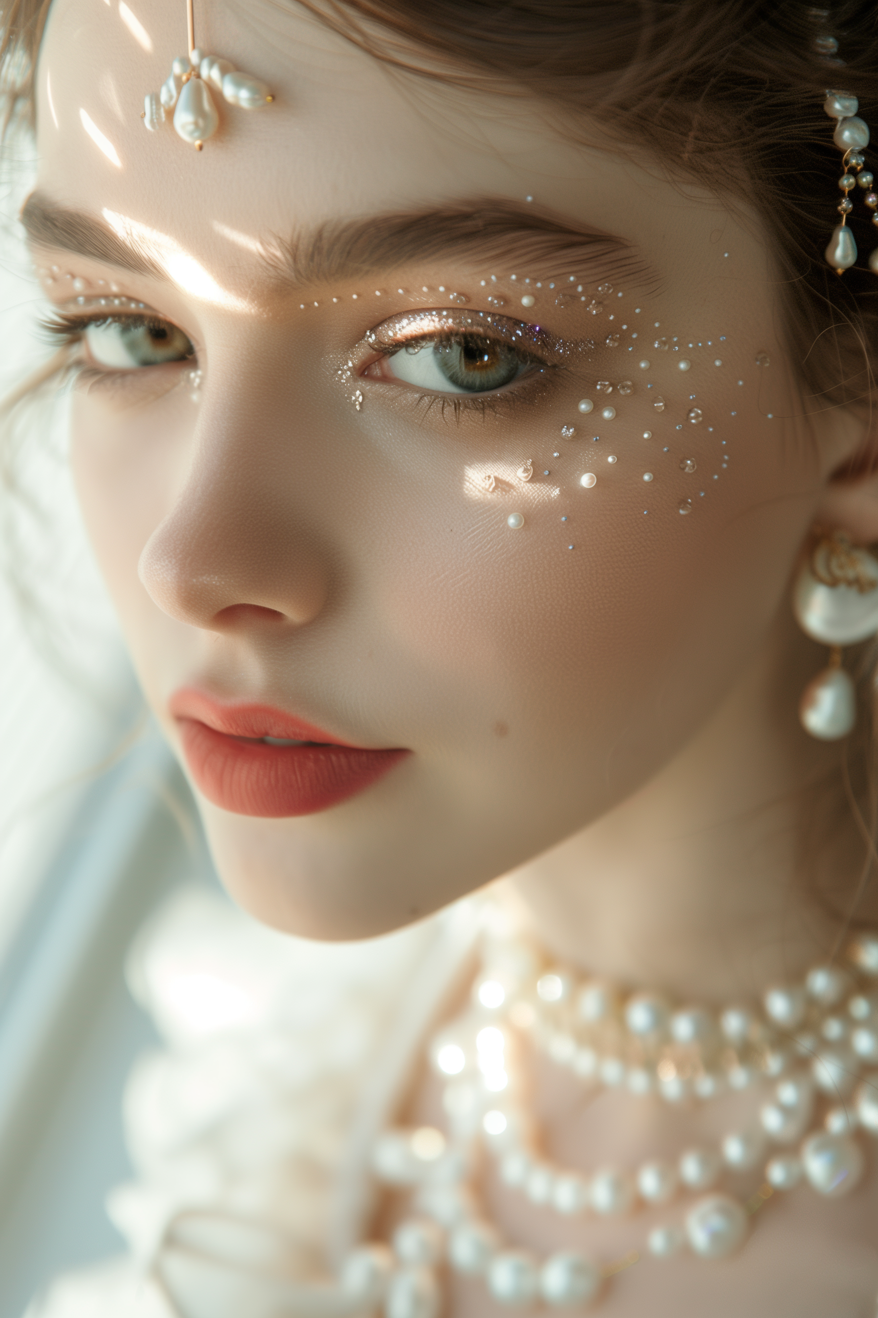Woman wearing layered pearl jewelry, with pearls delicately placed on her face, looking softly to the side in a dreamy, ethereal portrait.