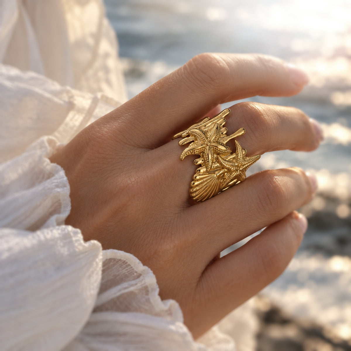 Gold Starfish & Coral Statement Ring – Nerissa