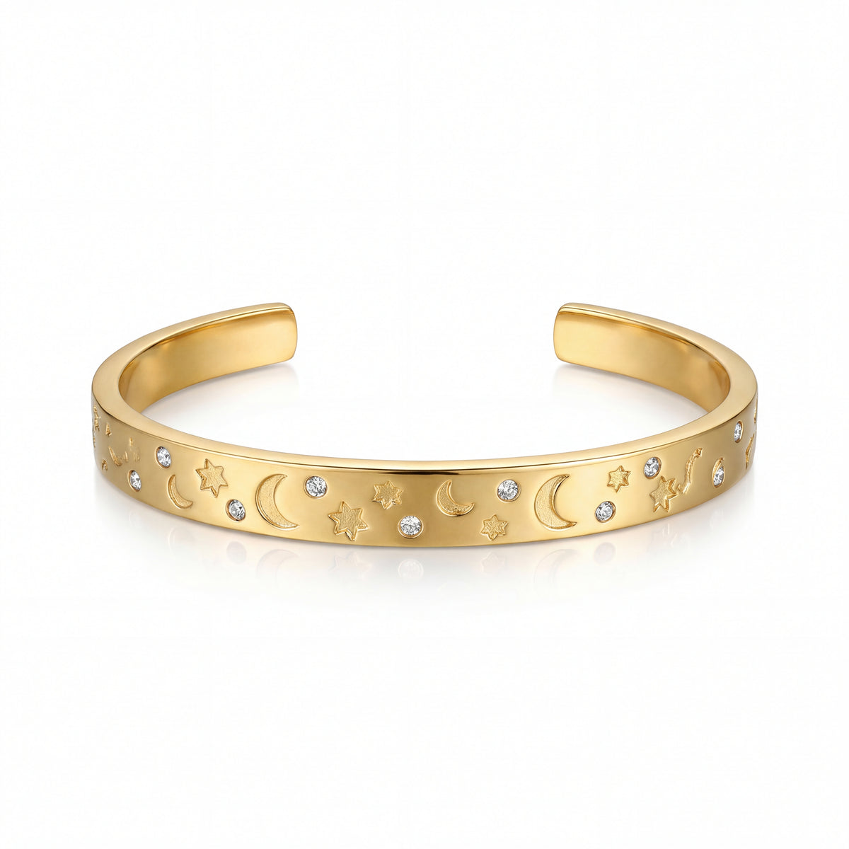 Gold bracelet with celestial designs on a white background