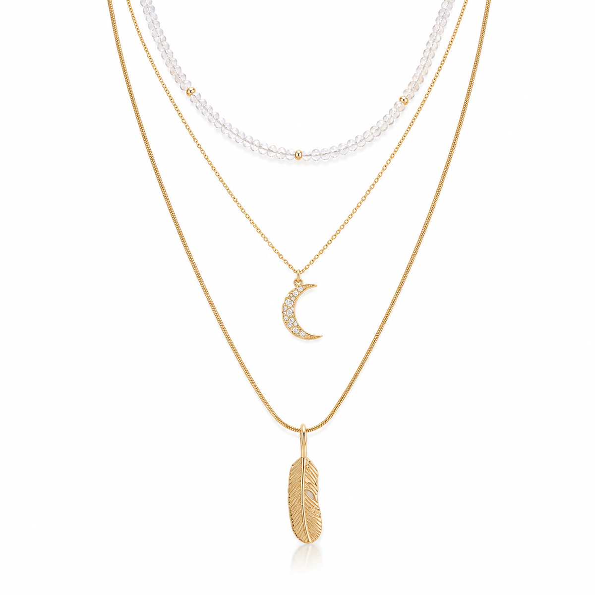 Moon, Feather & Crystal Layered Necklace Set- Elaria