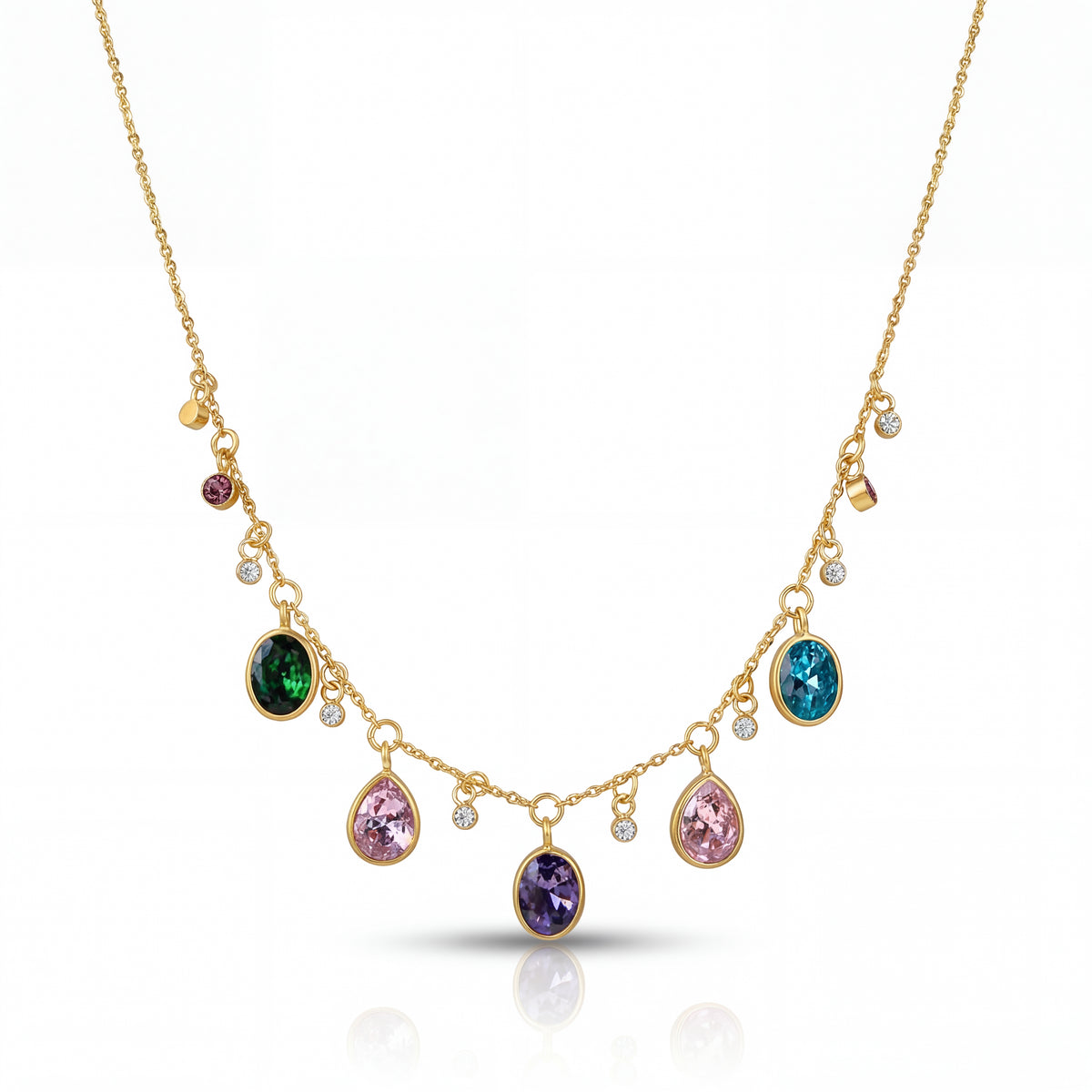 Gold necklace with colorful gemstones on a white background