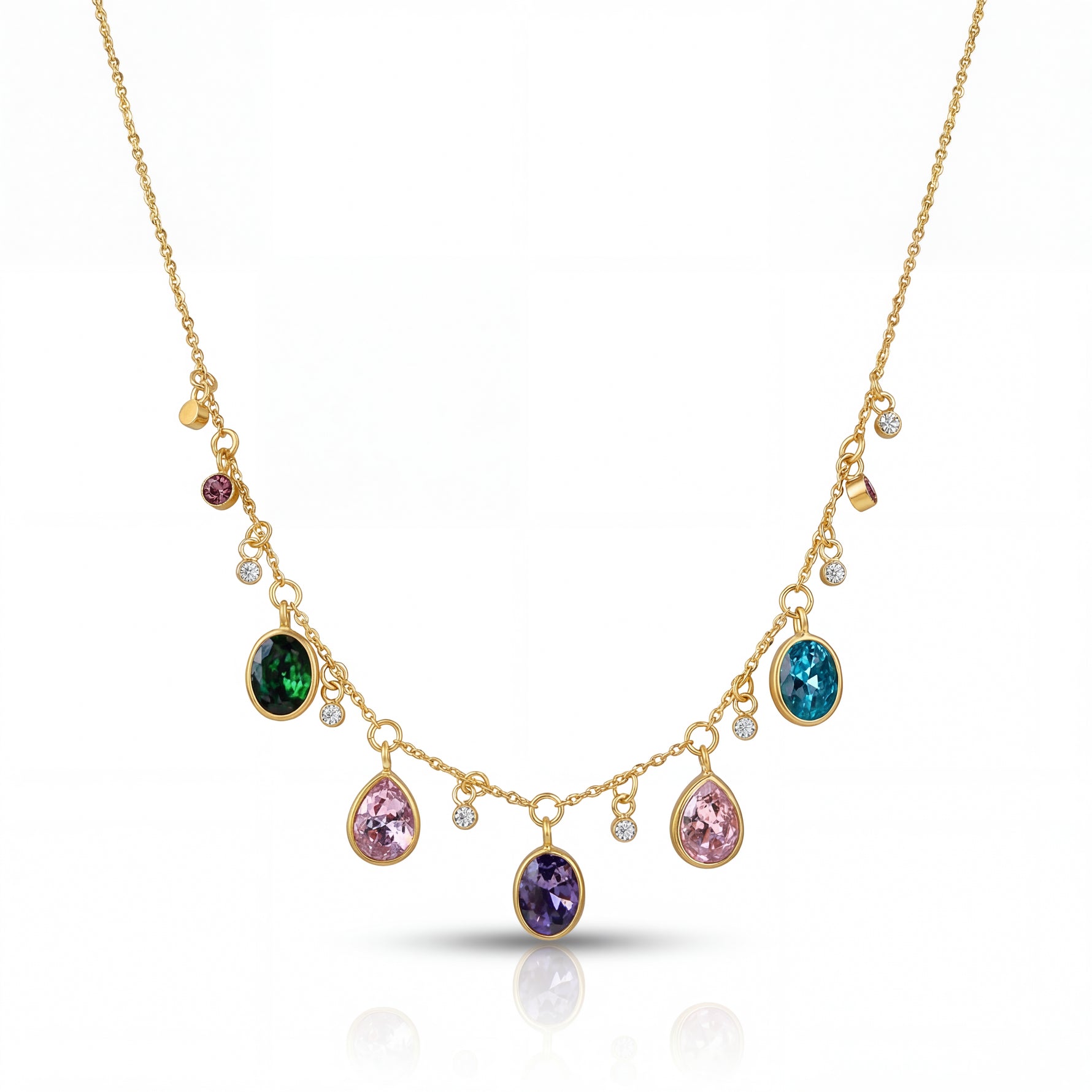 Gold necklace with colorful gemstones on a white background