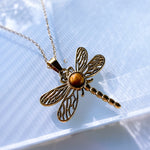 Gold dragonfly pendant necklace on a clear background