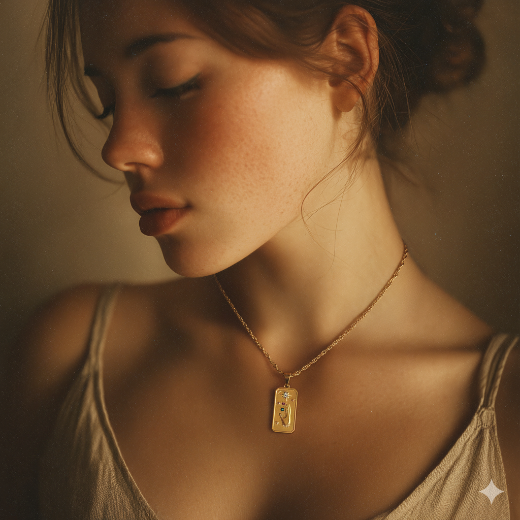 Close-up of a woman wearing a gold necklace with a pendant against a neutral background