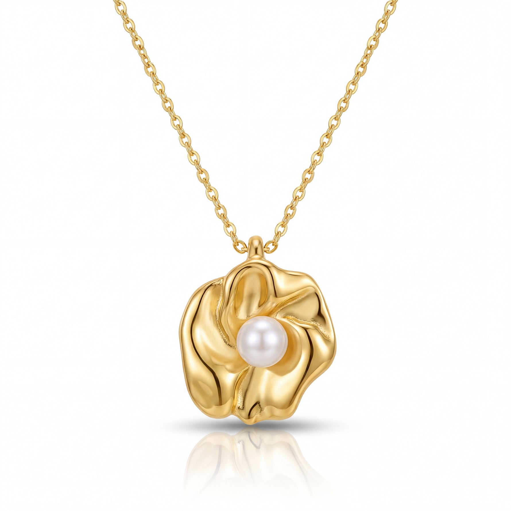 Gold necklace with a floral pendant featuring a pearl on a white background