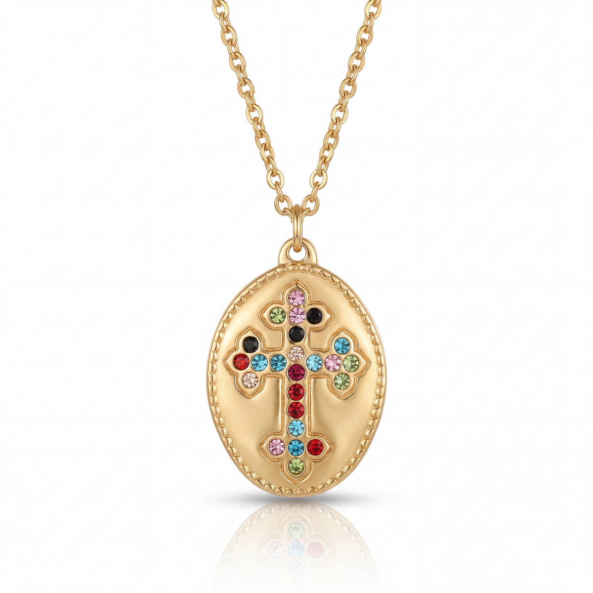Gold necklace with a colorful cross pendant on a white background
