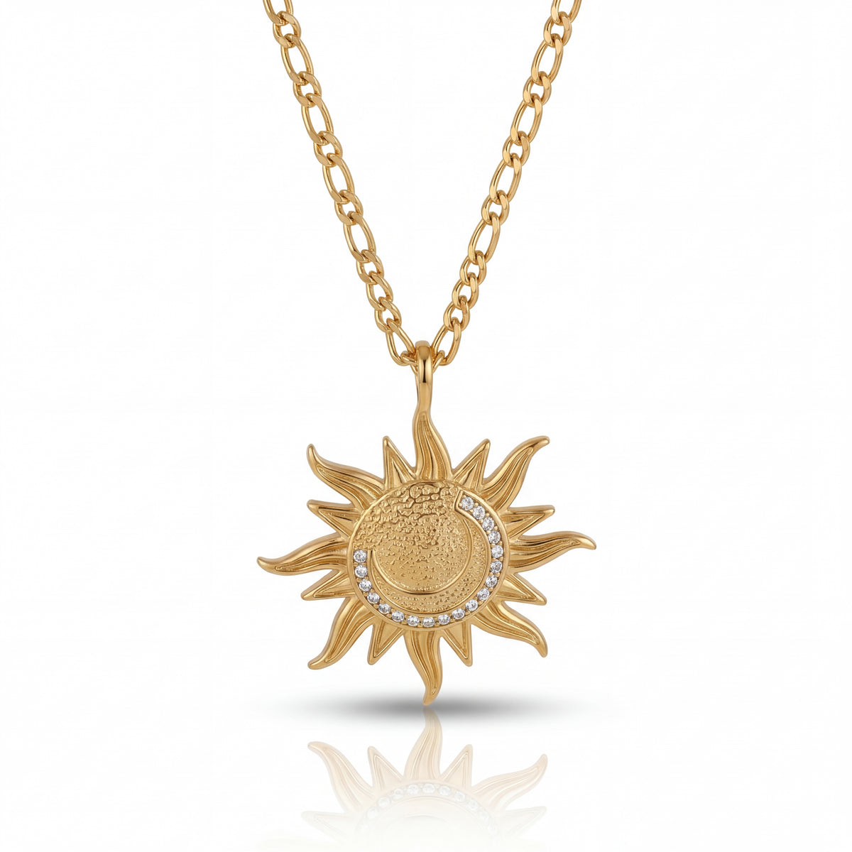 Gold sun-shaped pendant necklace on a white background