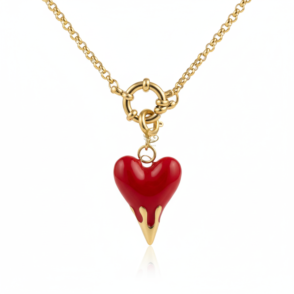 Zayra – Fiery Red Heart Necklace with Rolo Chain.