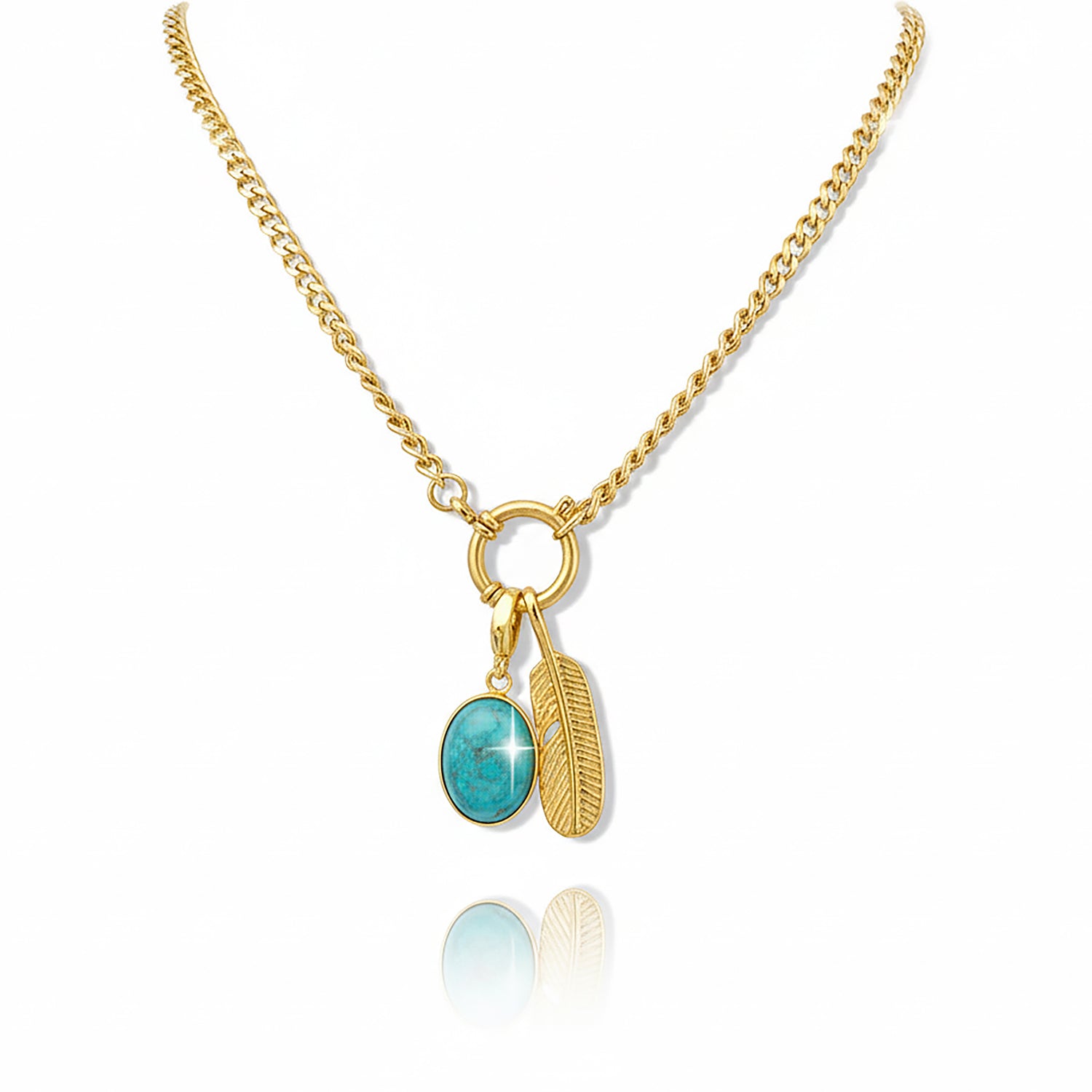 Nyra – Feather & Turquoise Pendant on Chunky Toggle Chain Necklace.
