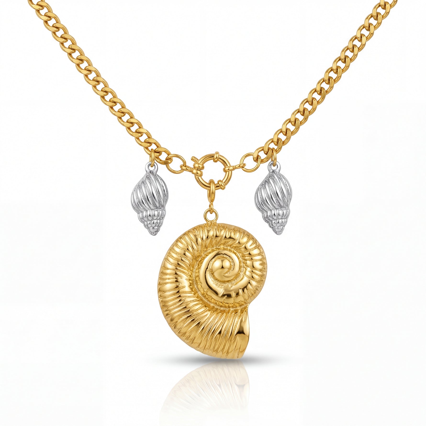 Gold necklace with a shell pendant and silver accents on a white background