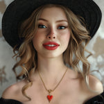 AI-generated model wearing the Zayra necklace, smiling with black hat and styled curls