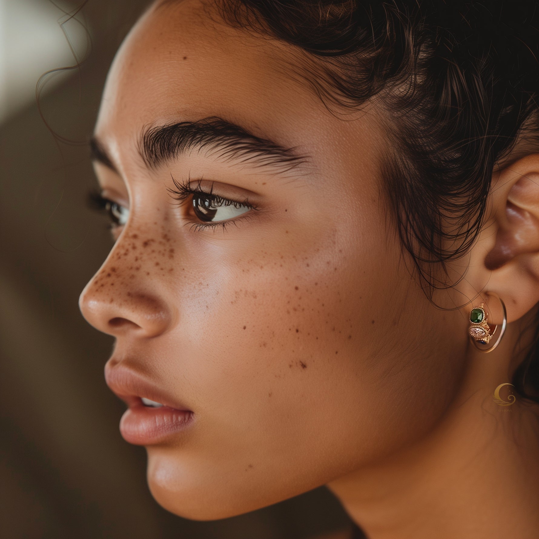 Close-up of model wearing one Aurora hoop earring with green zircon on her left ear