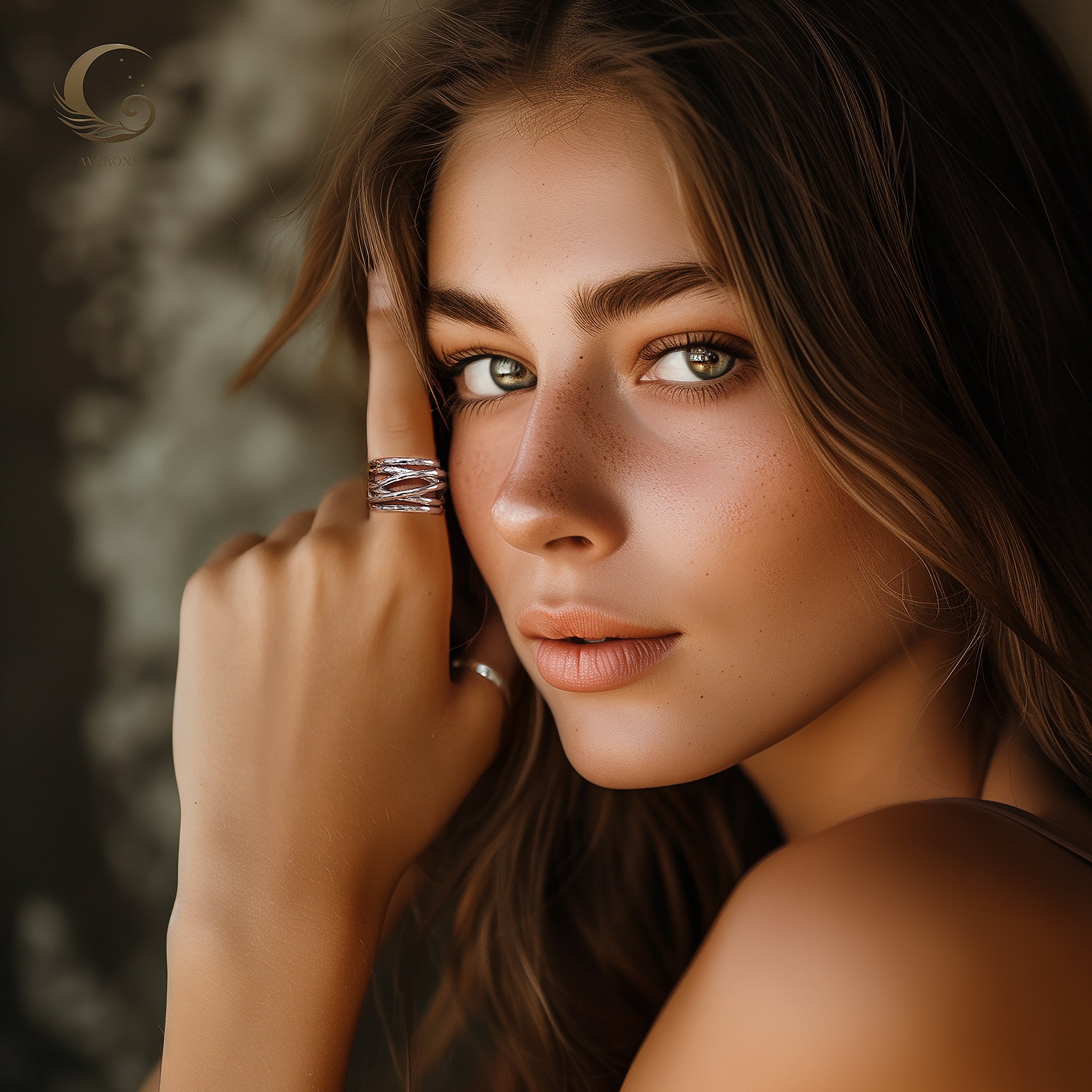 Model wearing stacked Branch Rings on finger, showing the statement silhouette and earthy elegance.