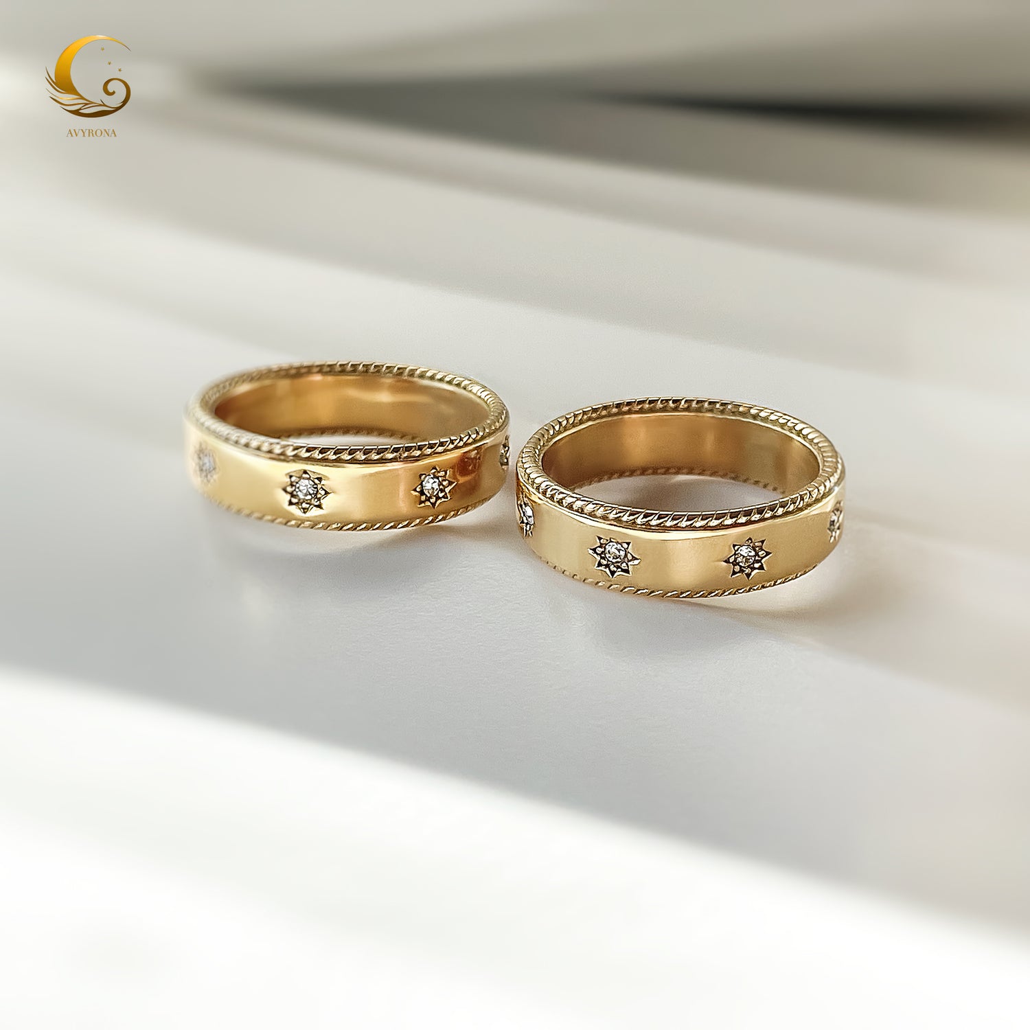 Close-up of celestial star motif ring with zircon crystals