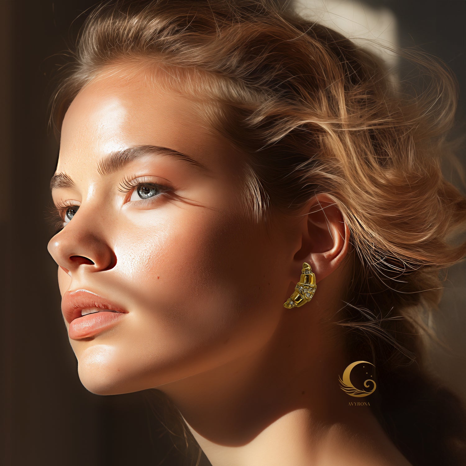 Woman wearing one gold croissant-shaped earring with colorful cubic zirconia stones