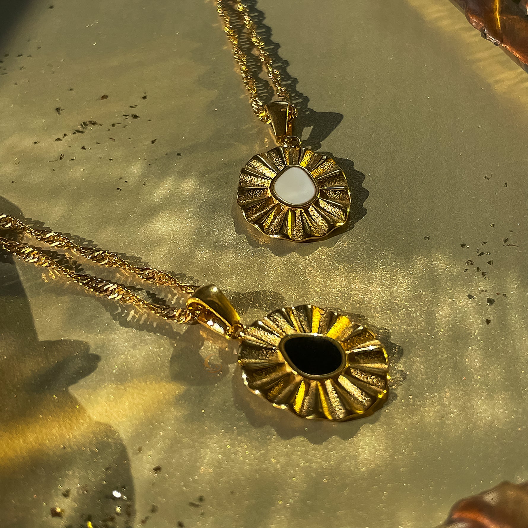 Elara flower necklace with slightly twisted gold chain, highlighting the minimalist design and Earth Collection symbolism.