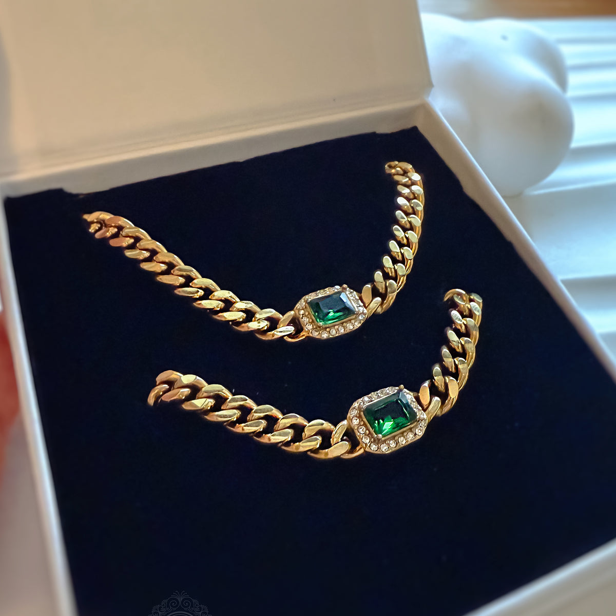 Harper Necklace and Bracelet set placed inside dark velvet jewelry box, perfect for gifting.