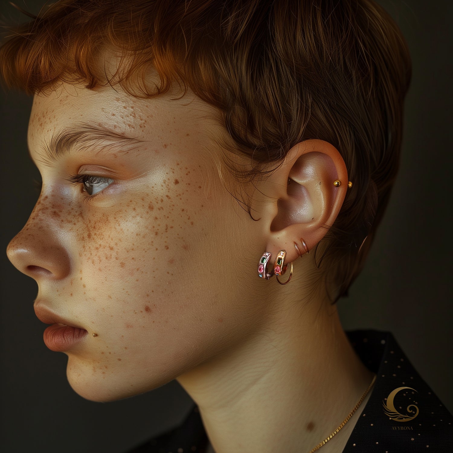 Close-up of a woman wearing gold hoop earrings with multicolored zircon stones – green, pink, and blue, styled in a modern ear stack.